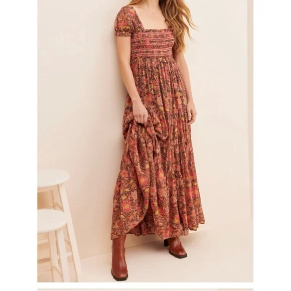 Free People Brown and Orange Smocked Tiered Maxi Dress Size M pre-owned. - Picture 2 of 8
